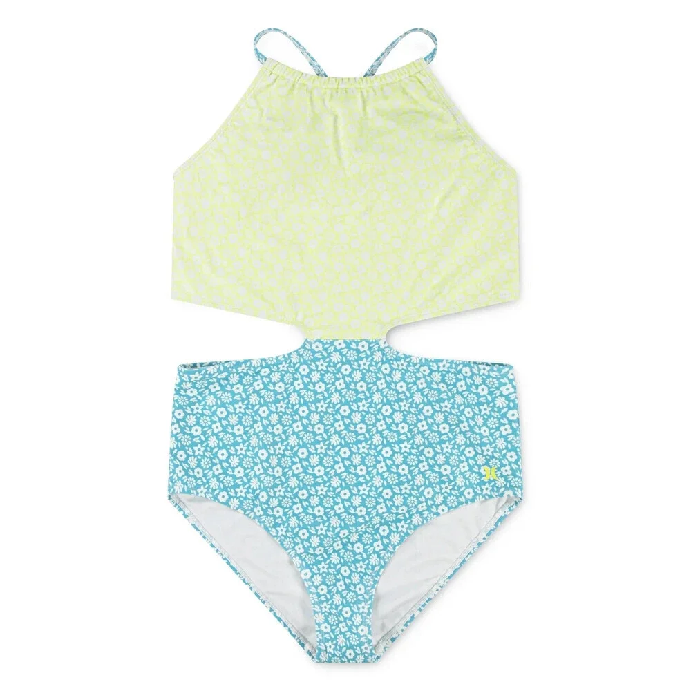Hurley Swimsuit Girl 16 Green Blue Ditsy Floral Halter Monokini One Piece GBO820